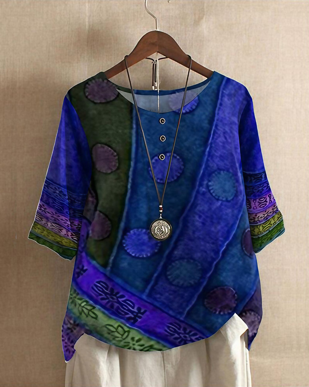 Haut bohème femme à motifs entrelacés, manches courtes, bleu