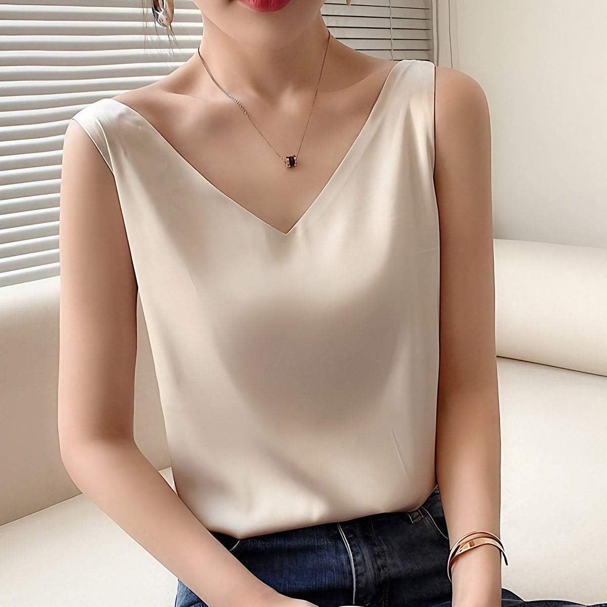 Top femme col V, coupe fluide, sept coloris, du S au 3XL, champagne