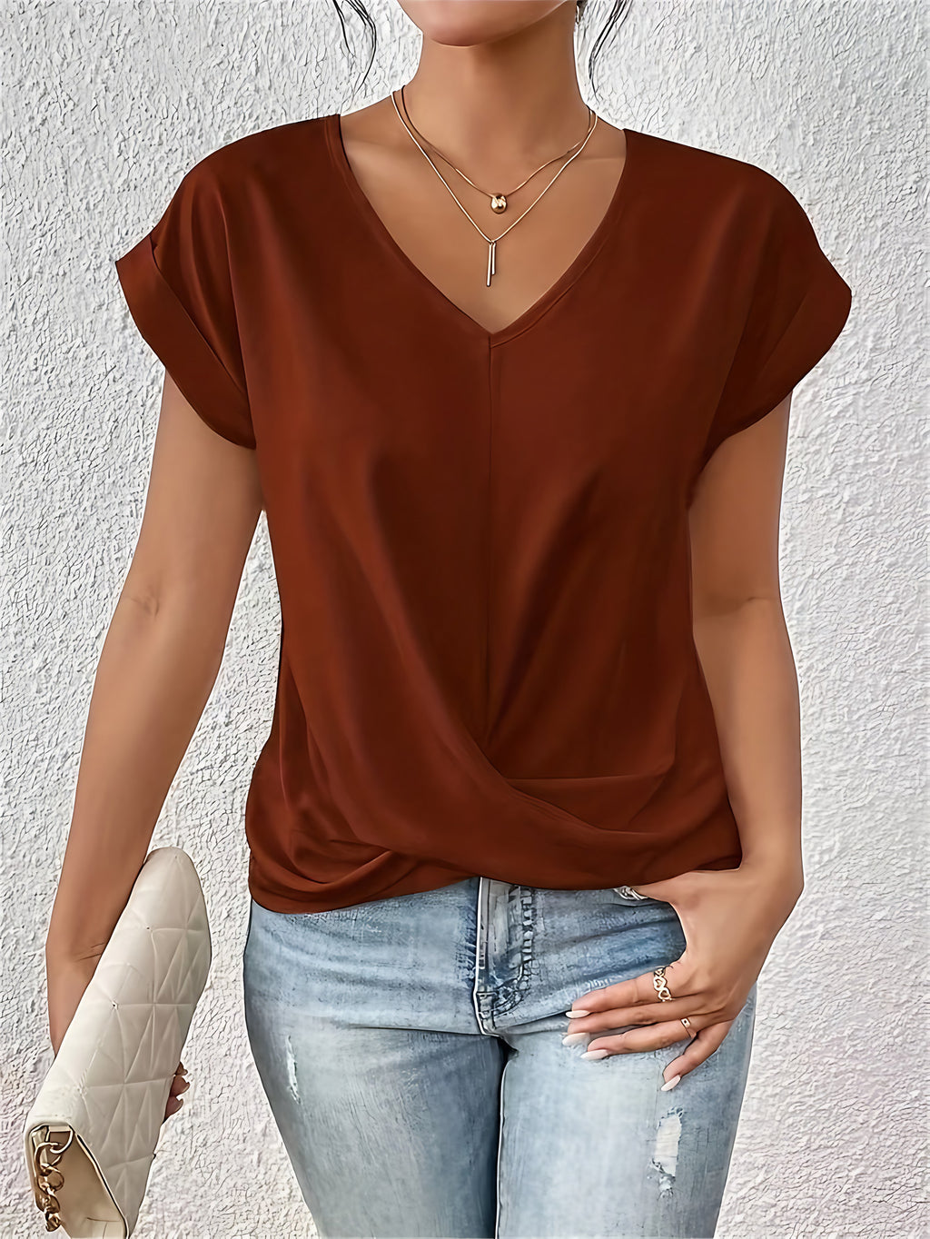 Top femme drapé à col V et nœud, huit coloris, rouge