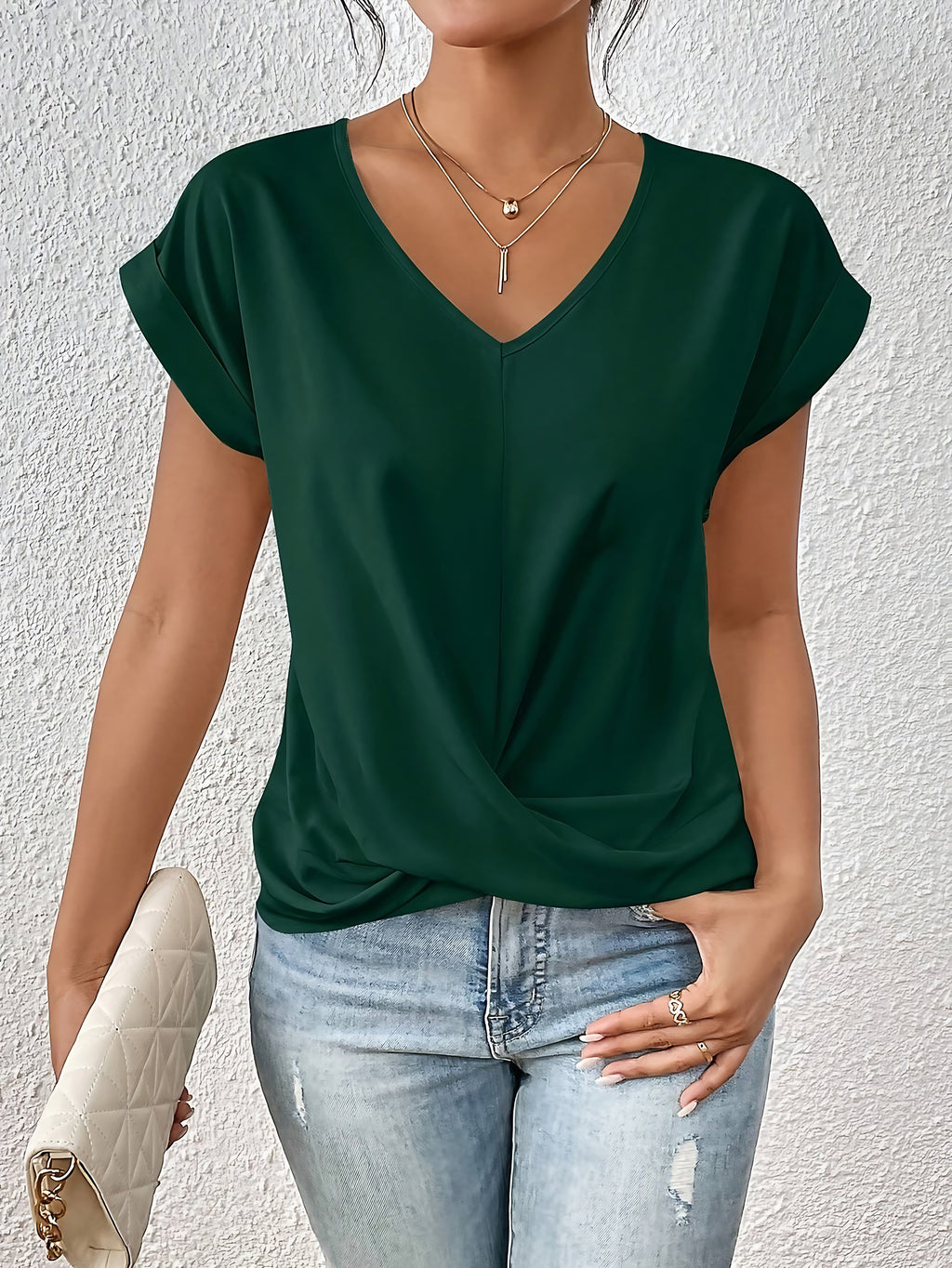 Top femme drapé à col V et nœud, huit coloris, vert