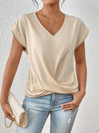 Top femme drapé à col V et nœud, huit coloris, crème