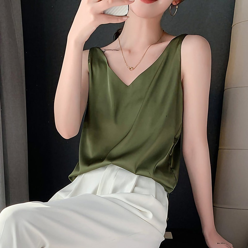 Top femme col V coupe fluide, sept coloris, du S au 3XL, vert armée