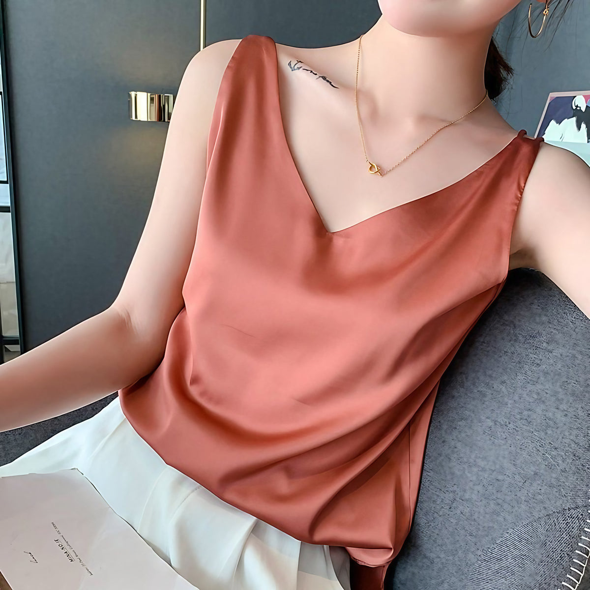 Top femme col V coupe fluide, sept coloris, du S au 3XL, orange