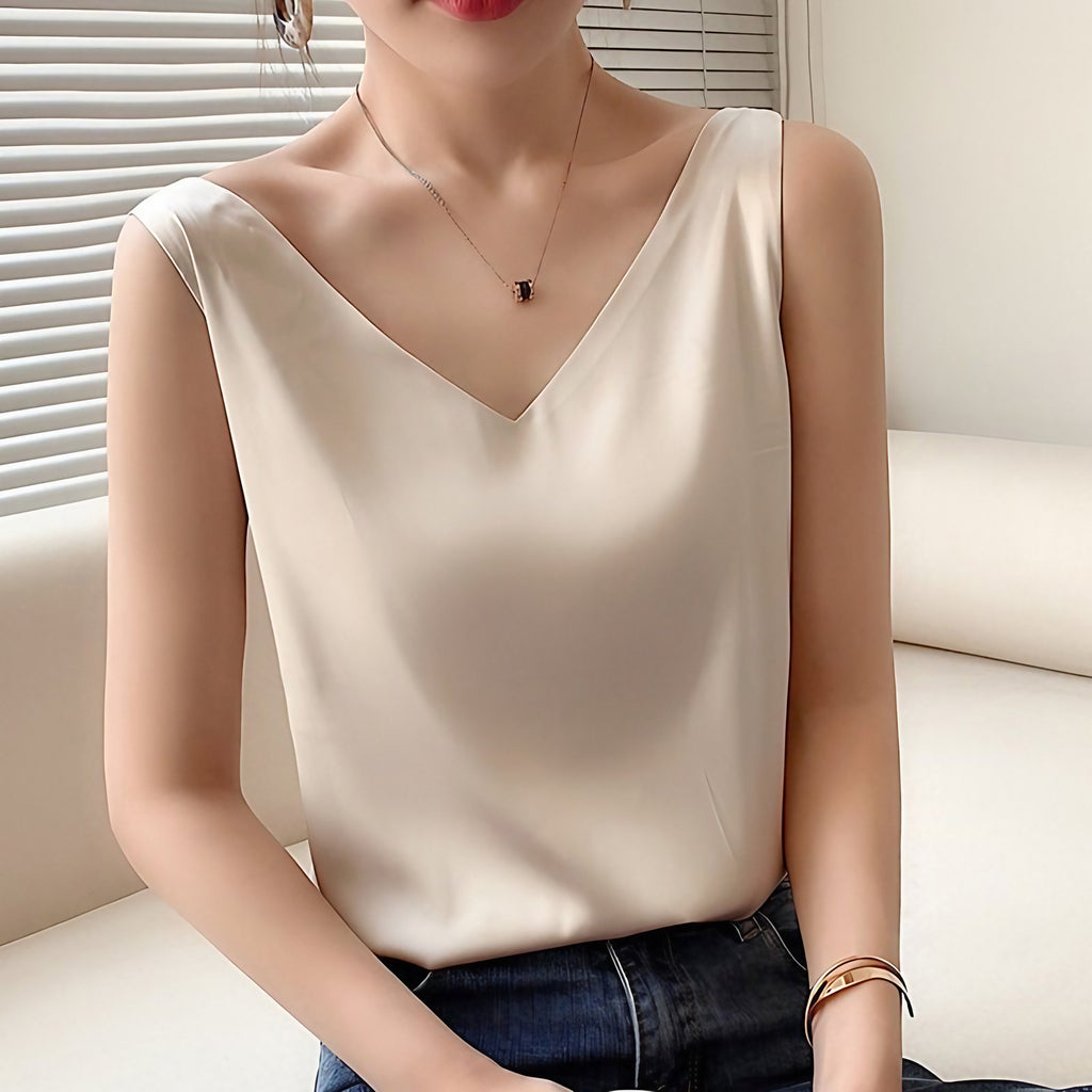 Top femme col V coupe fluide, sept coloris, du S au 3XL, champagne