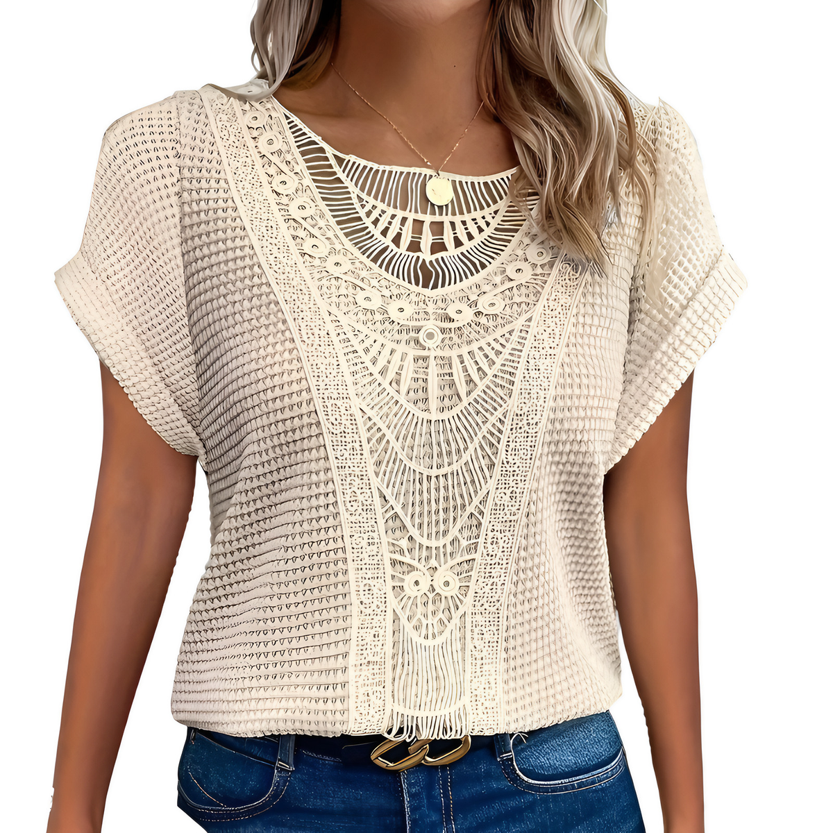 Haut en dentelle femme coupe ajustée, sept coloris, XS au 3XL, beige