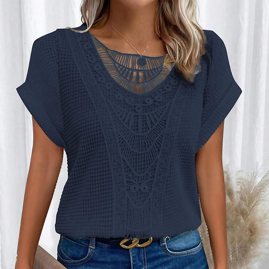 Haut en dentelle femme coupe ajustée, sept coloris, XS au 3XL, bleu foncé