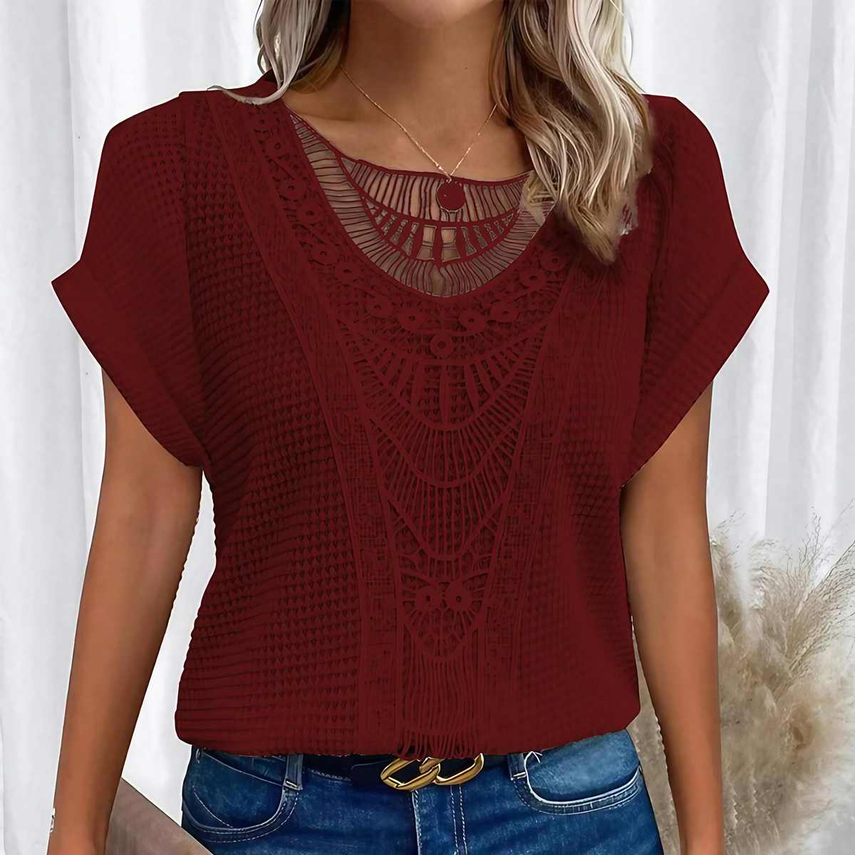 Haut en dentelle femme coupe ajustée, sept coloris, XS au 3XL, rouge