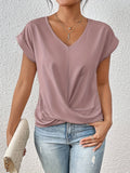 Top femme col V à nœud et drapé, manches longues, huit coloris, rose