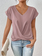 Top femme col V à nœud et drapé, manches longues, huit coloris, rose