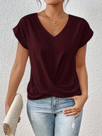 Top femme col V à nœud et drapé, manches longues, huit coloris, rouge foncé