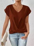 Top femme col V à nœud et drapé, manches longues, huit coloris, rouge