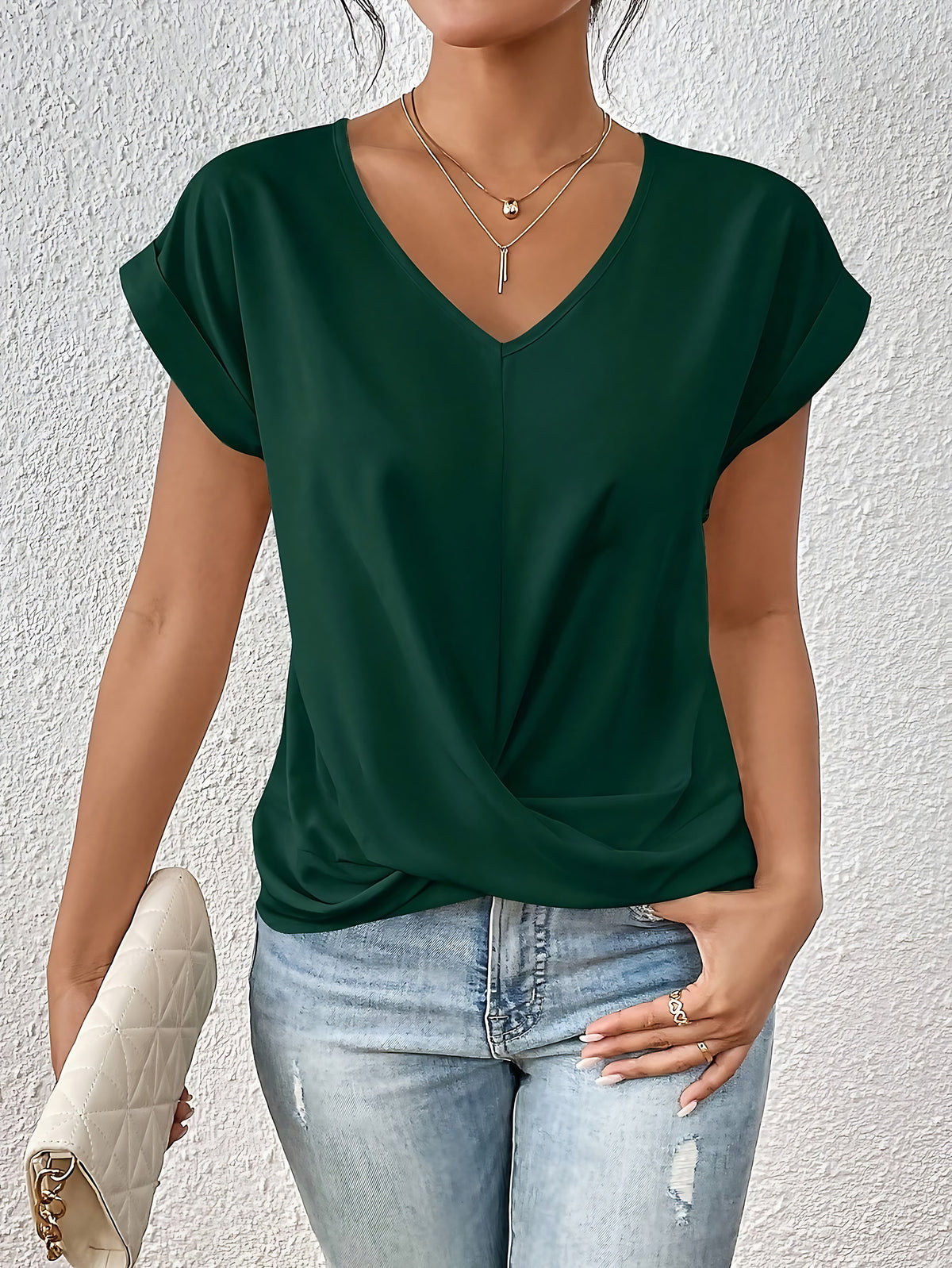 Top femme col V à nœud et drapé, manches longues, huit coloris, vert