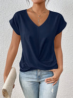 Top femme col V à nœud et drapé, manches longues, huit coloris, bleu