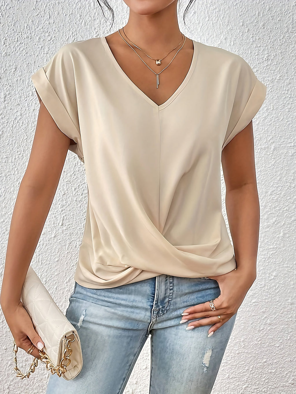 Top femme col V à nœud et drapé, manches longues, huit coloris, crème