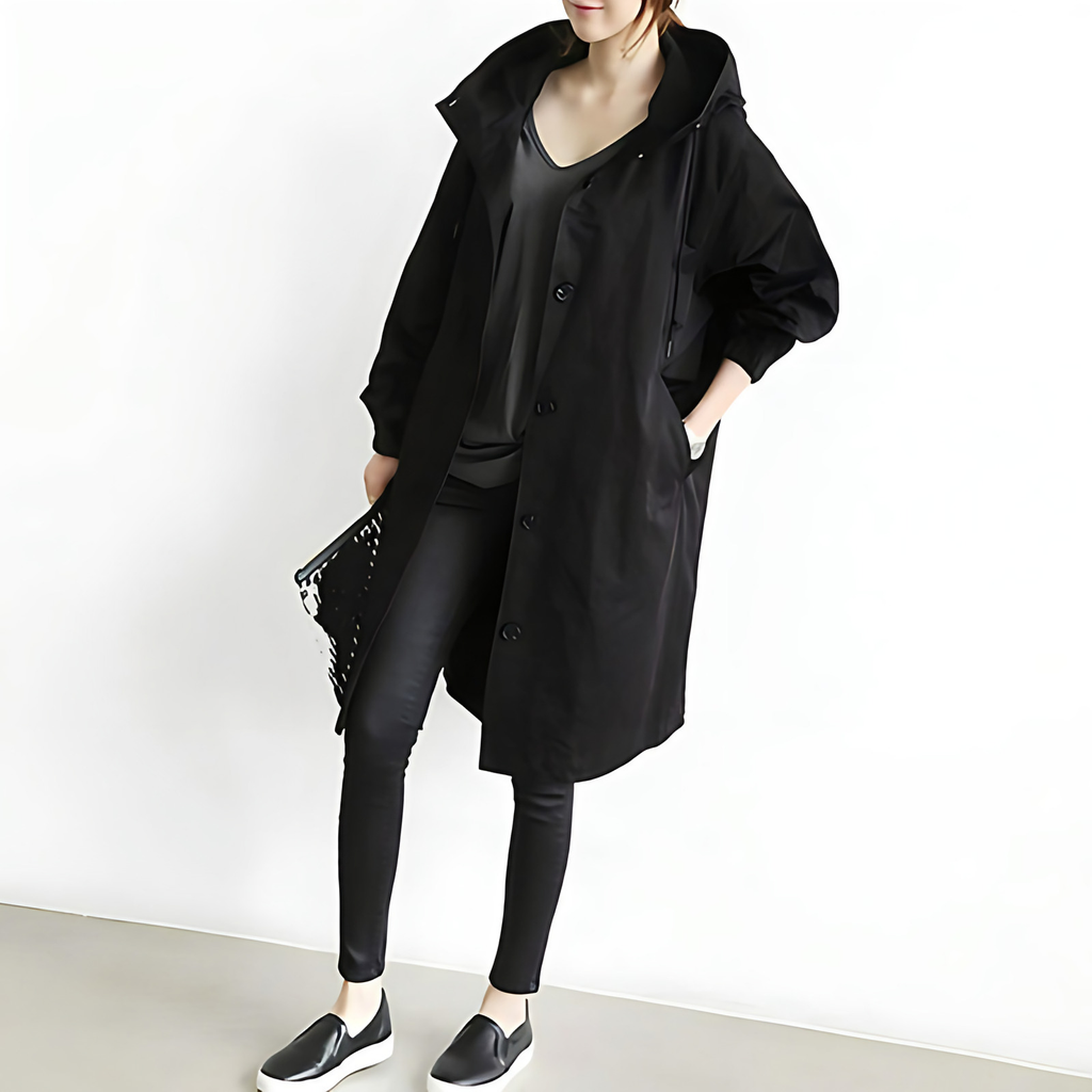Trench-coat femme coupe ajustée, résistant à l'eau, noir