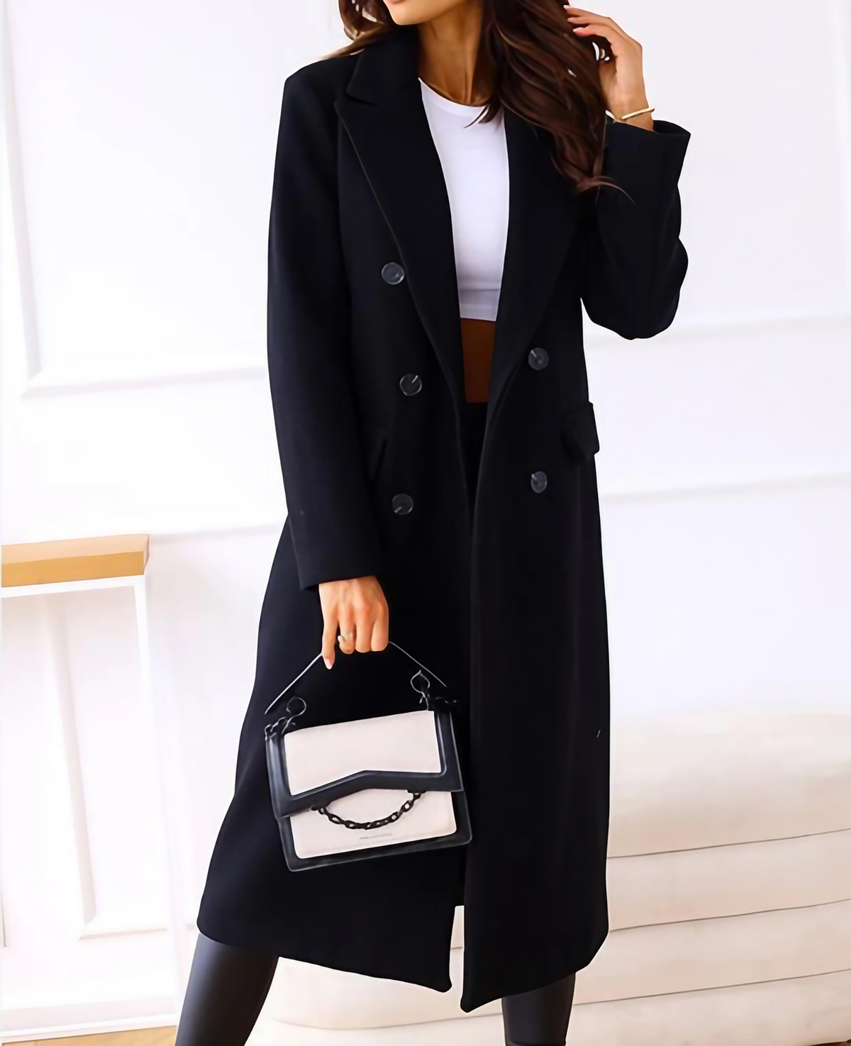 Trench long femme ajusté à ceinture, cinq coloris, S au 5XL, noir