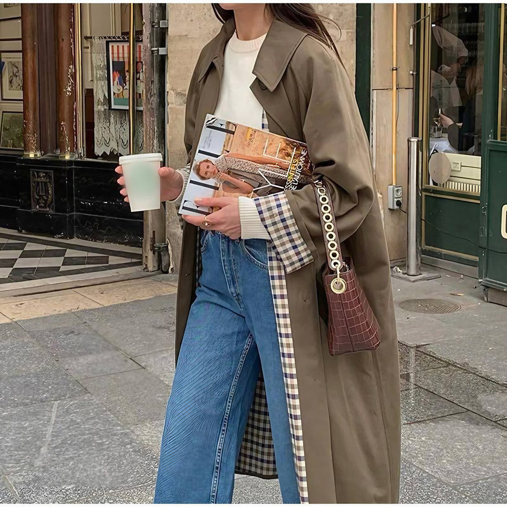 Trench long femme kaki, doublure à carreaux, du S au 3XL, khaki