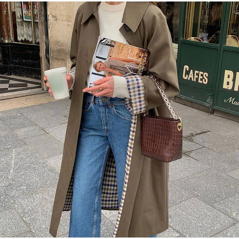 Trench long femme kaki, doublure à carreaux, du S au 3XL