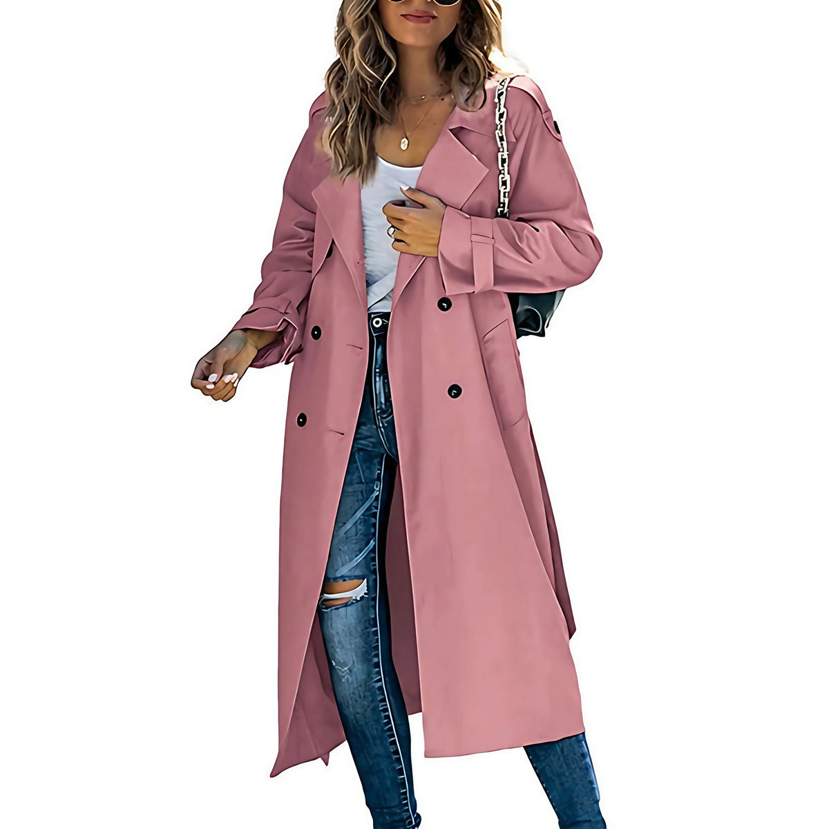 Trench long femme mi-saison, six coloris, du S au 2XL, rose