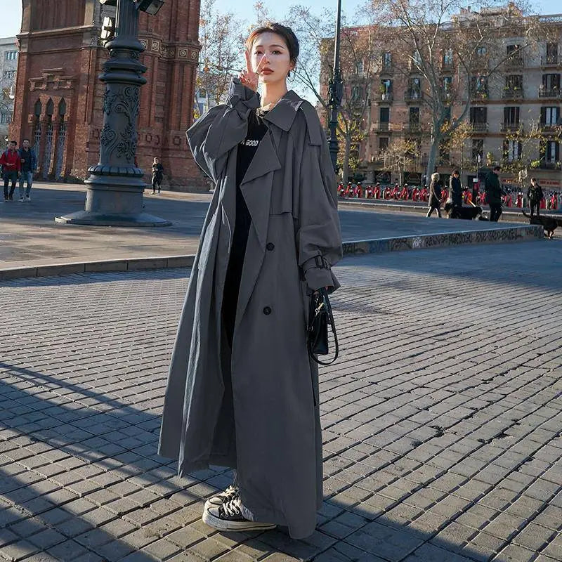 Trench long femme coupe oversize, kaki, gris ou noir, gris