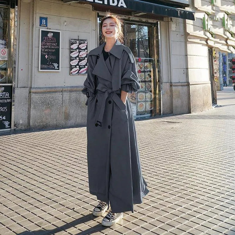 Trench long femme coupe oversize, kaki, gris ou noir