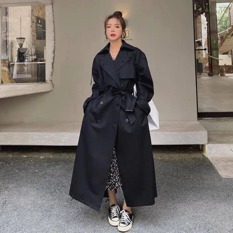 Trench long femme coupe oversize, kaki, gris ou noir, noir