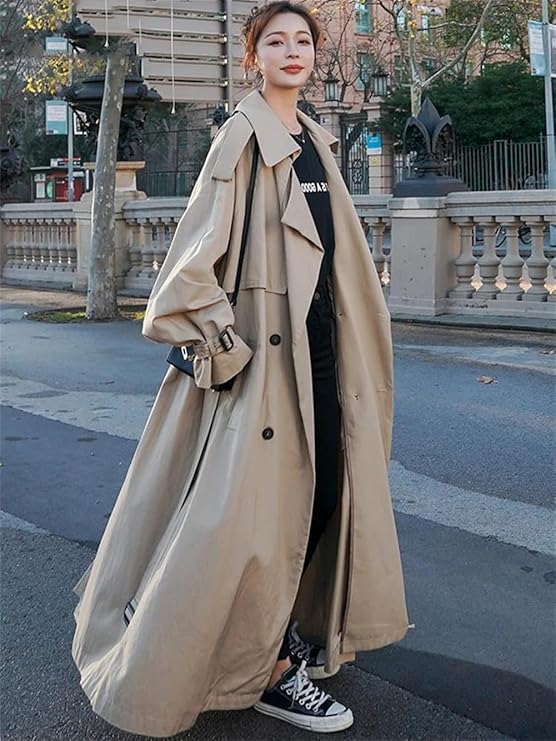 Trench long femme coupe oversize, kaki, gris ou noir, kaki