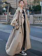 Trench long femme coupe oversize, kaki, gris ou noir, kaki