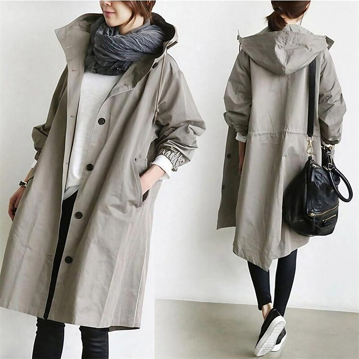 Trench femme imperméable à capuche, neuf coloris, du S au 5XL, gris clair