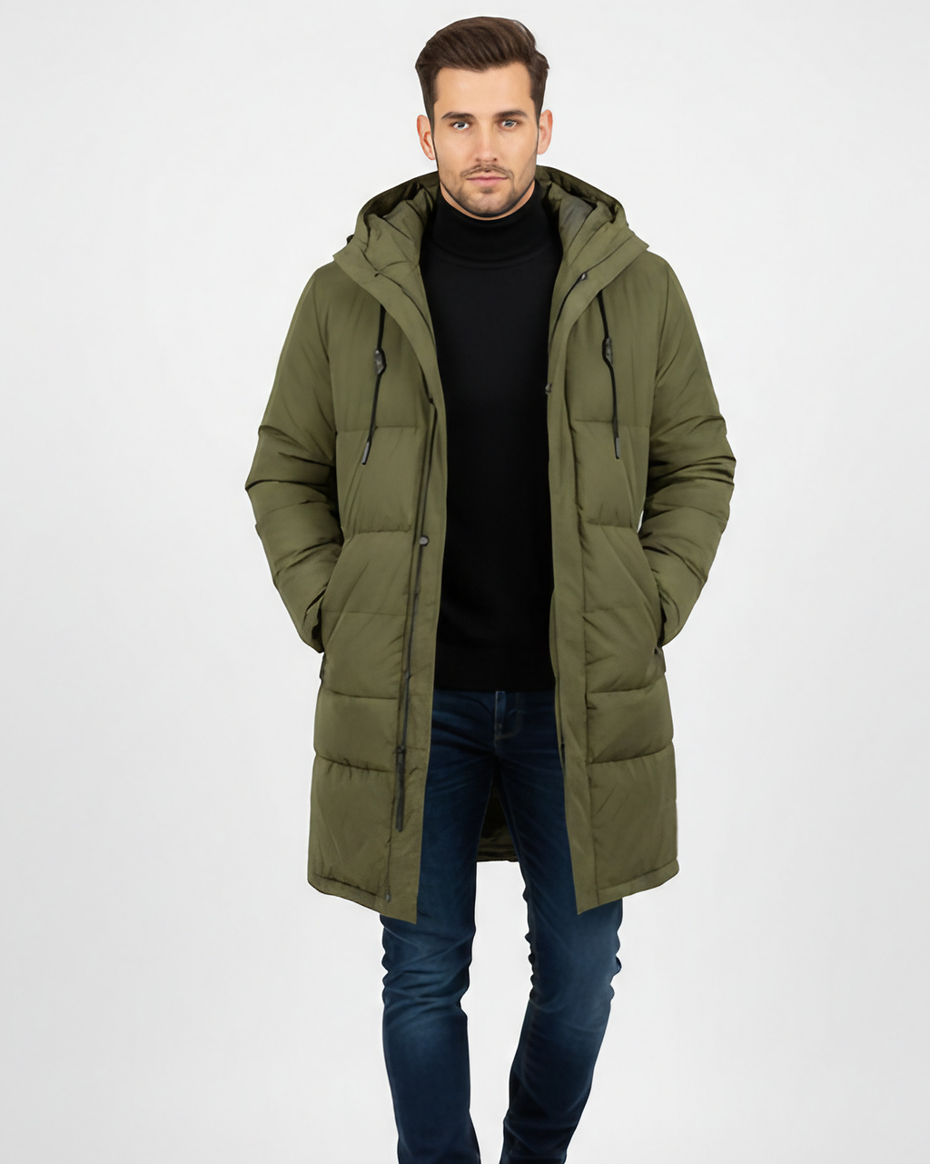 Trench long homme à capuche, doublure isolante, noir ou vert, vert