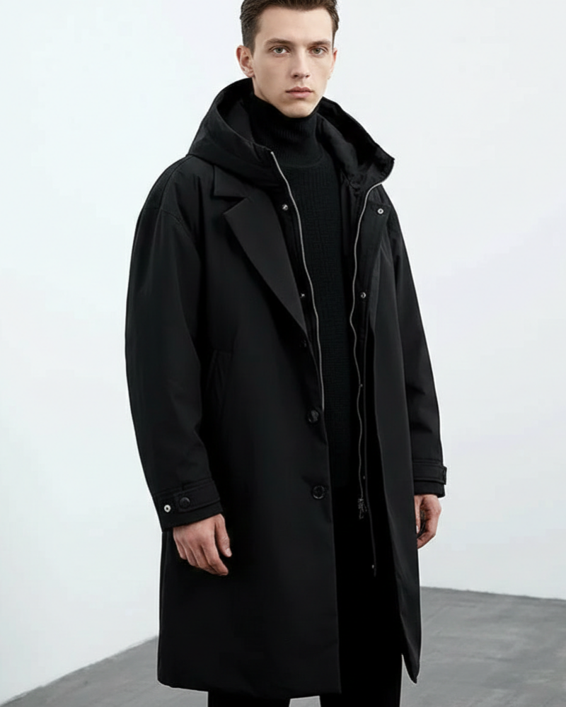 Trench long homme à capuche, doublure isolante, noir ou vert, noir