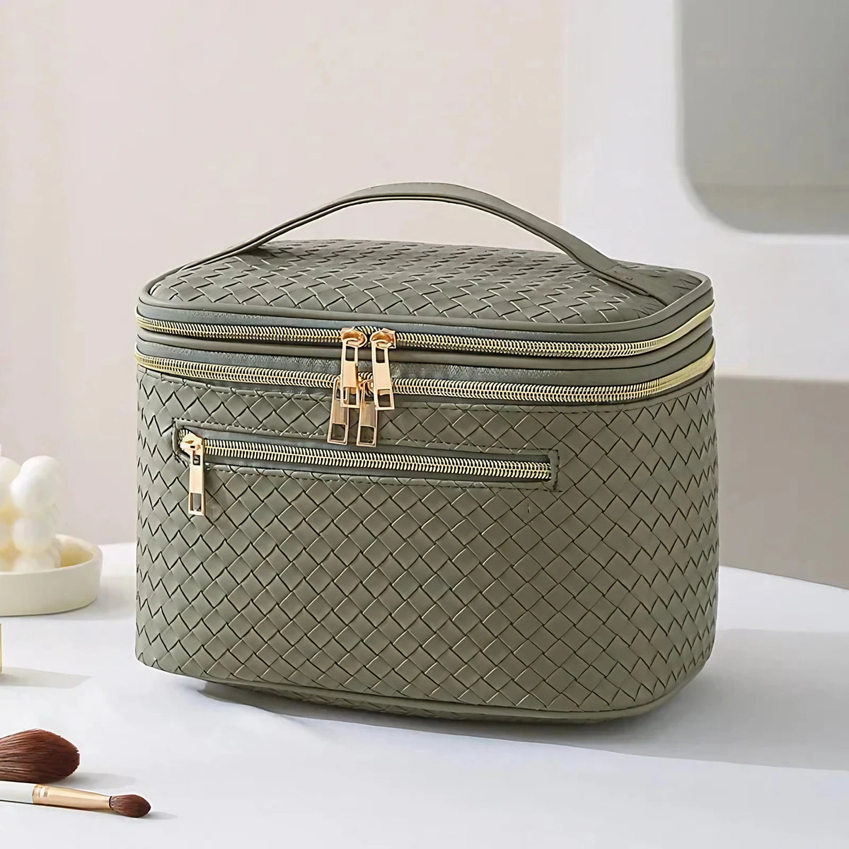 Grande trousse de maquillage femme en similicuir, 25 x 17 x 17 cm, vert
