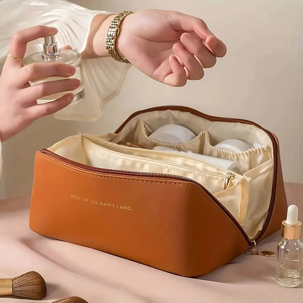 Trousse de toilette femme grande capacité, large ouverture, marron