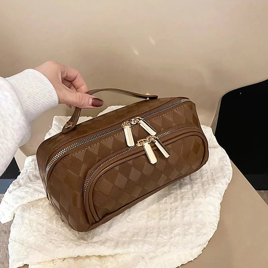 Trousse de toilette femme en similicuir, grand volume 24 x 12 x 12 cm, marron