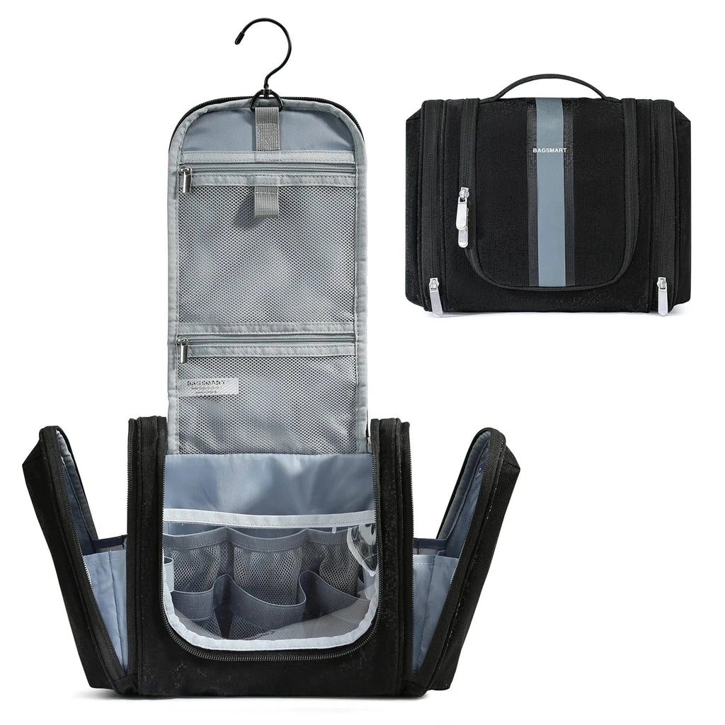 Trousse de toilette femme en similicuir, crochet de suspension, noir