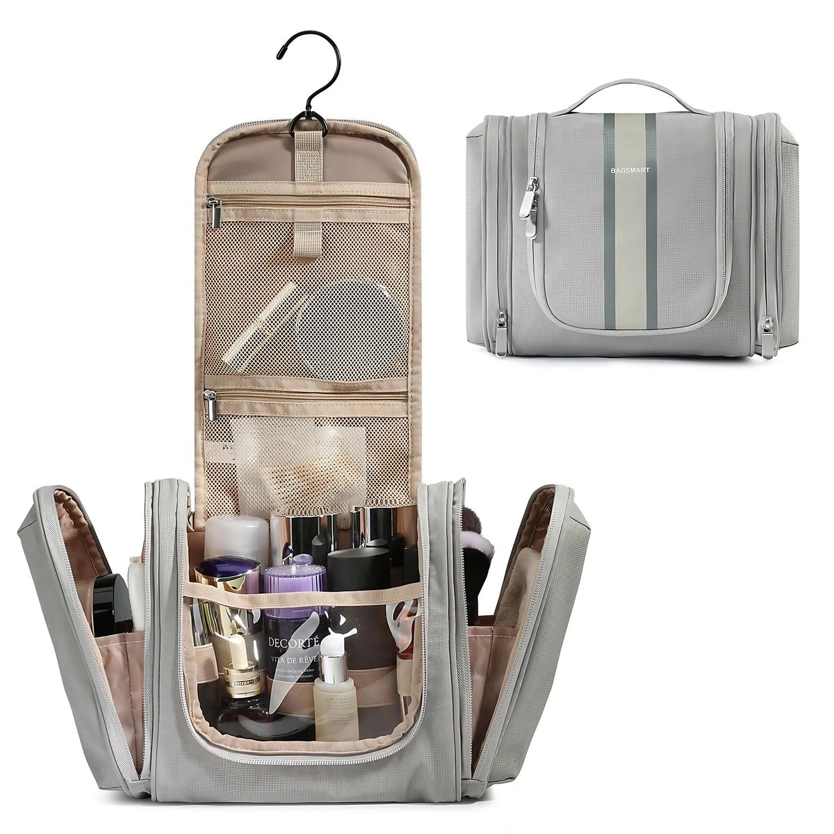 Trousse de toilette femme en similicuir, crochet de suspension, gris