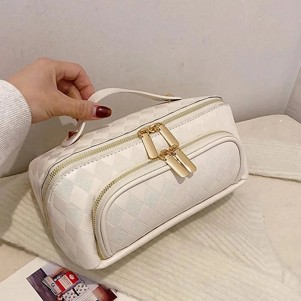 Trousse de toilette femme en similicuir, grand volume 24 x 12 x 12 cm, blanc