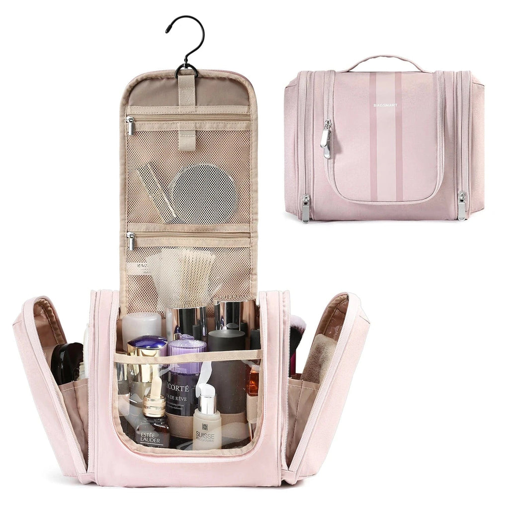 Trousse de toilette femme en similicuir, crochet de suspension, rose