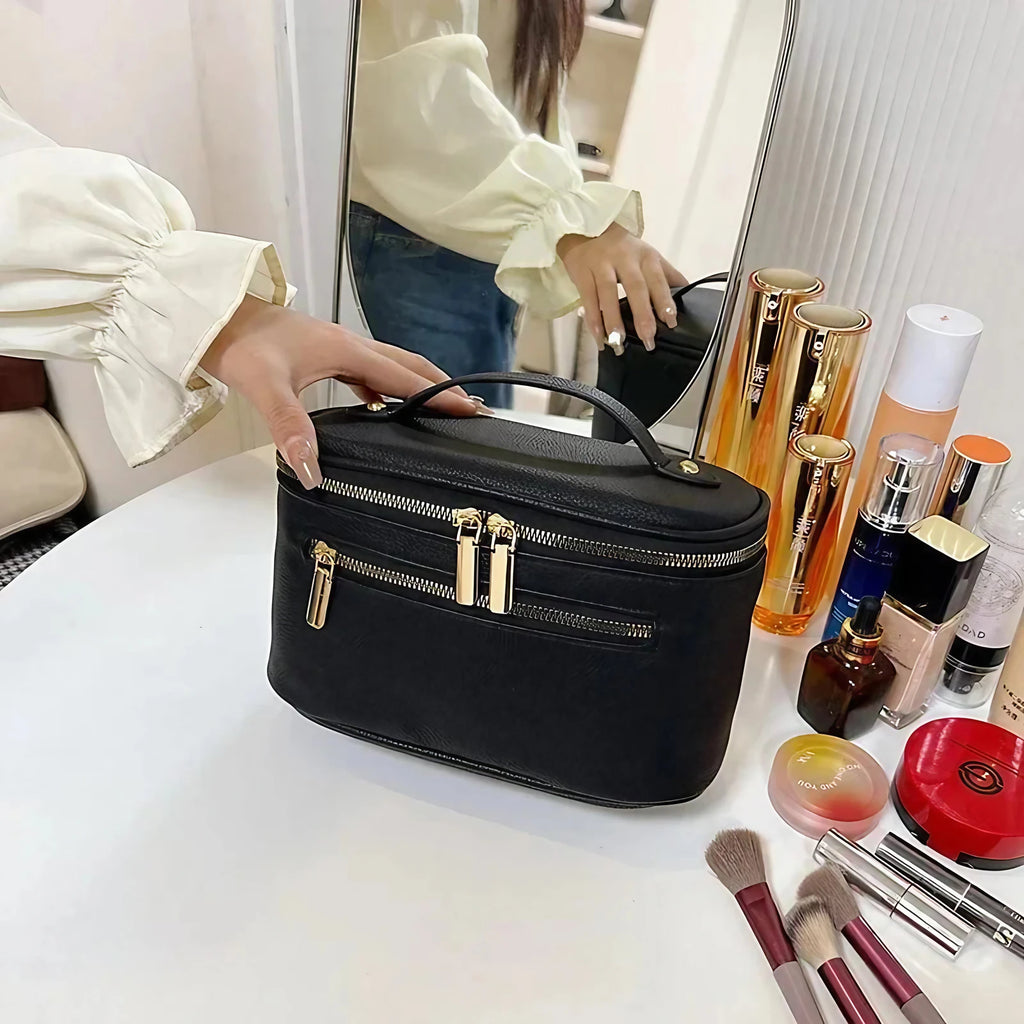 Trousse de toilette femme en similicuir à double zip, six coloris, noir