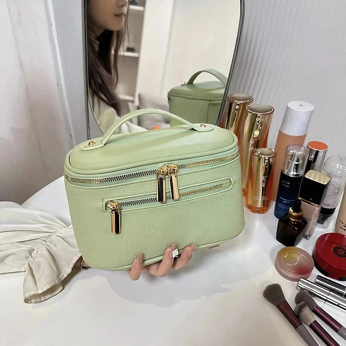 Trousse de toilette femme en similicuir à double zip, six coloris, vert