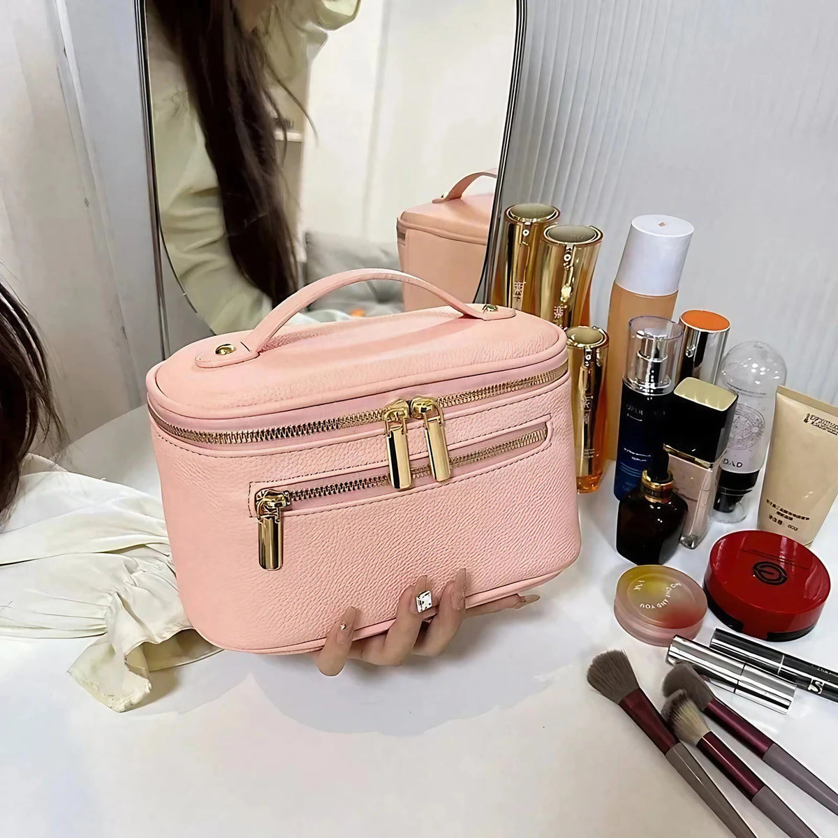 Trousse de toilette femme en similicuir à double zip, six coloris, rose
