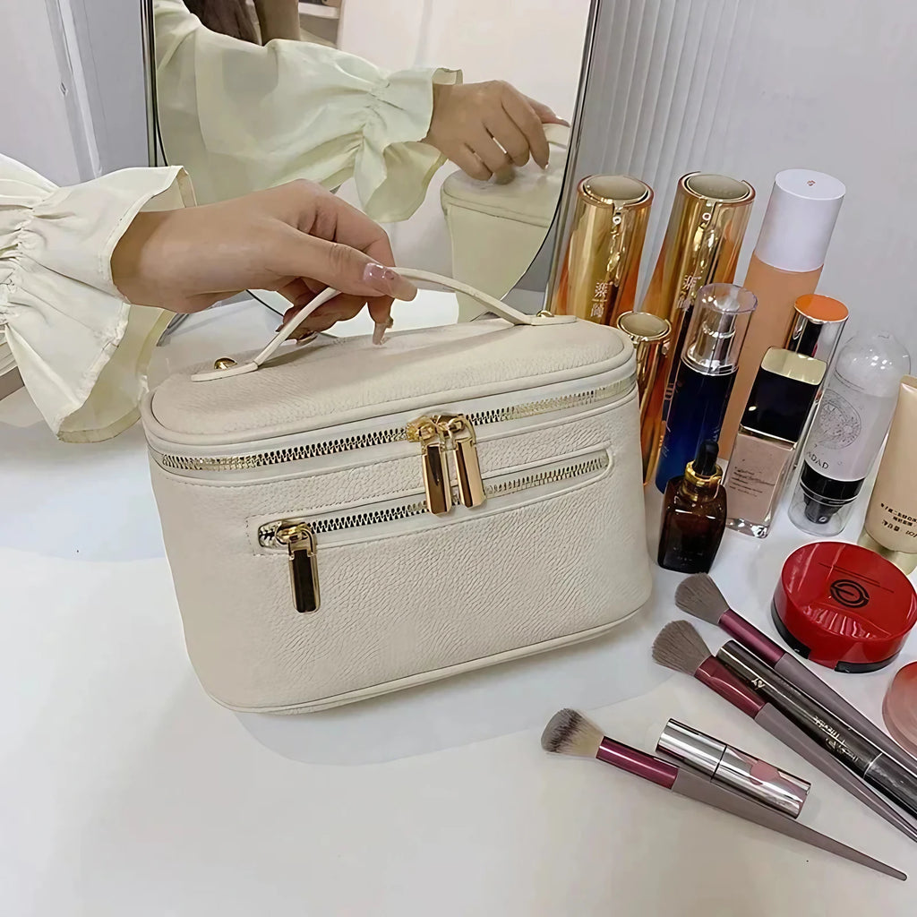 Trousse de toilette femme en similicuir à double zip, six coloris, blanc