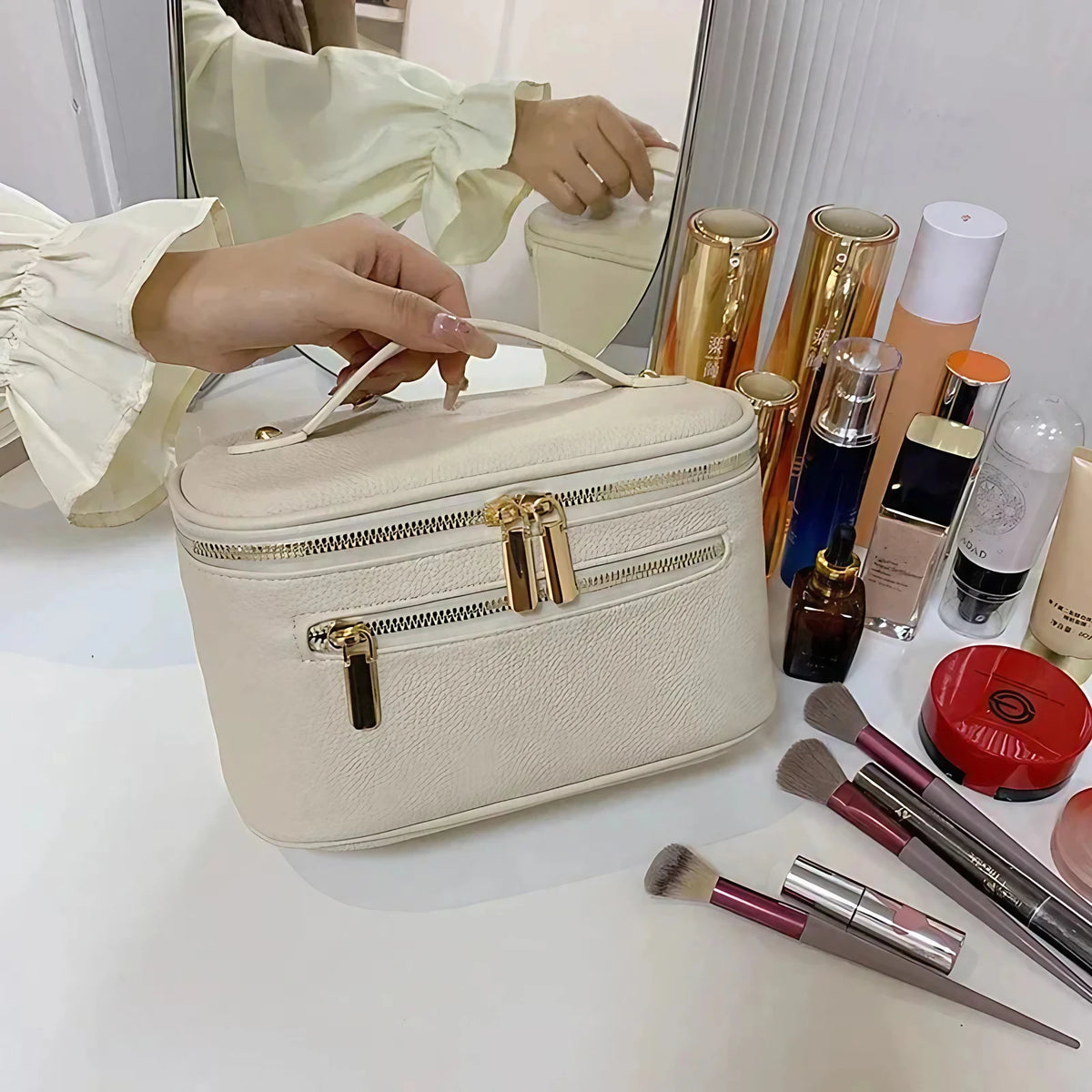 Trousse de toilette femme en similicuir à double zip, six coloris, blanc