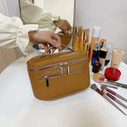 Trousse de toilette femme en similicuir à double zip, six coloris, marron