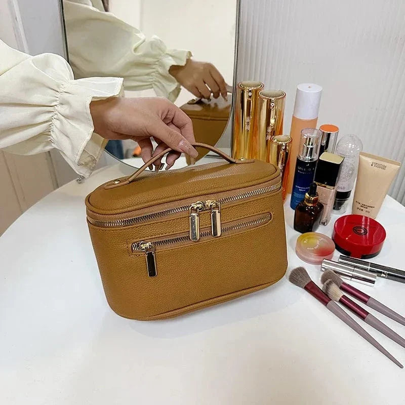 Trousse de toilette femme en similicuir à double zip, six coloris, marron