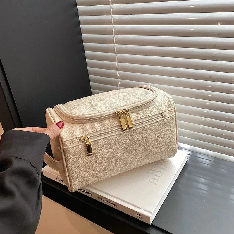 Trousse de toilette femme en similicuir avec poignée et séparateur