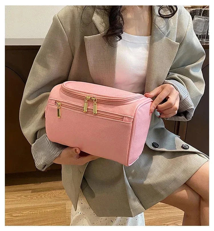 Trousse de toilette femme en similicuir avec poignée et séparateur