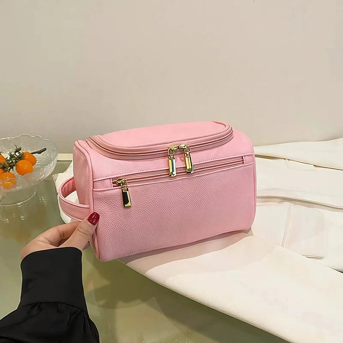 Trousse de toilette femme en similicuir avec poignée et séparateur, rose