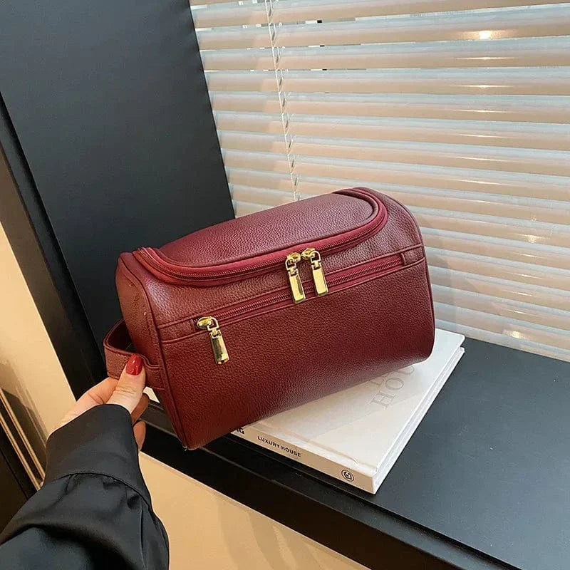 Trousse de toilette femme en similicuir avec poignée et séparateur, rouge