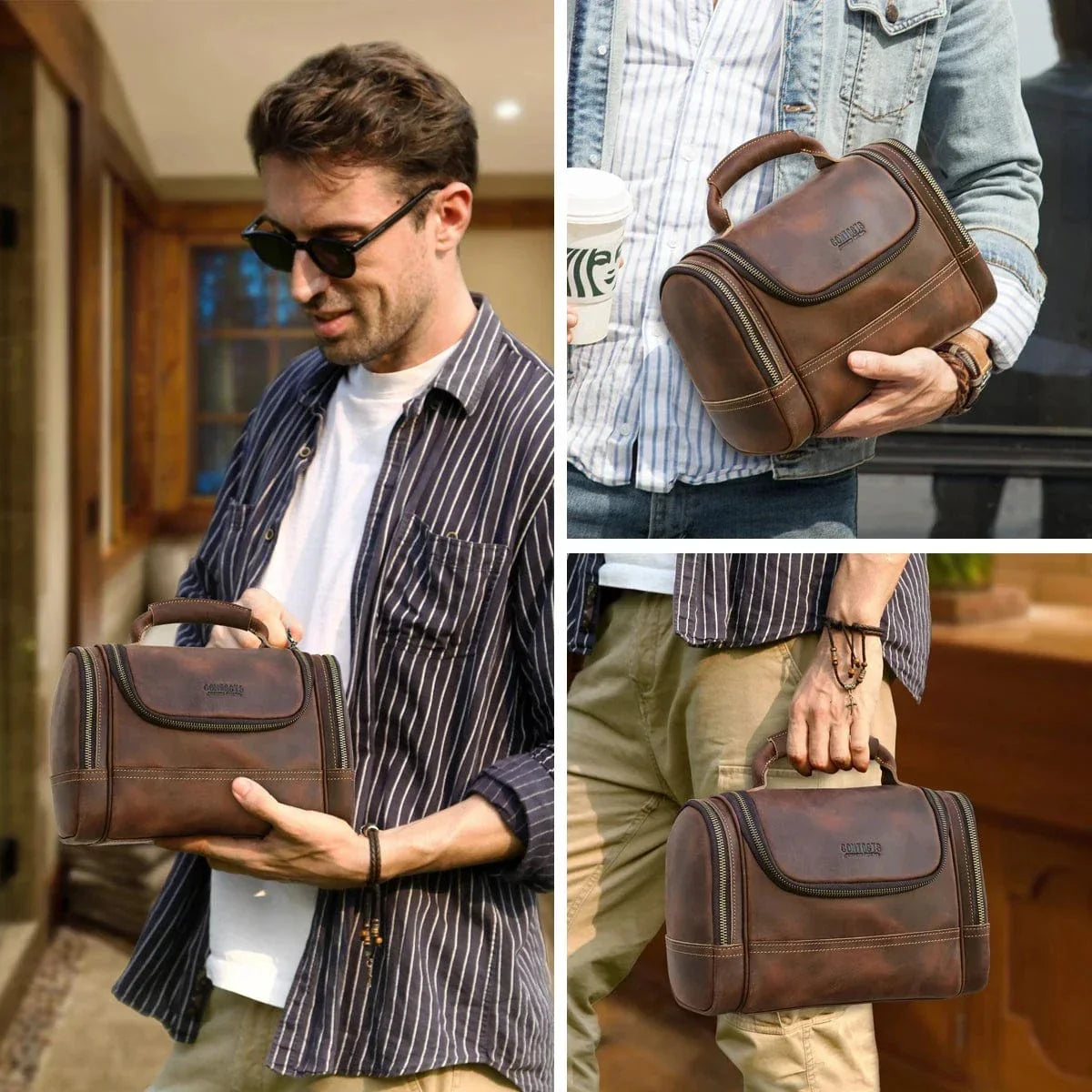 Trousse de toilette homme café, personnalisable avec un nom